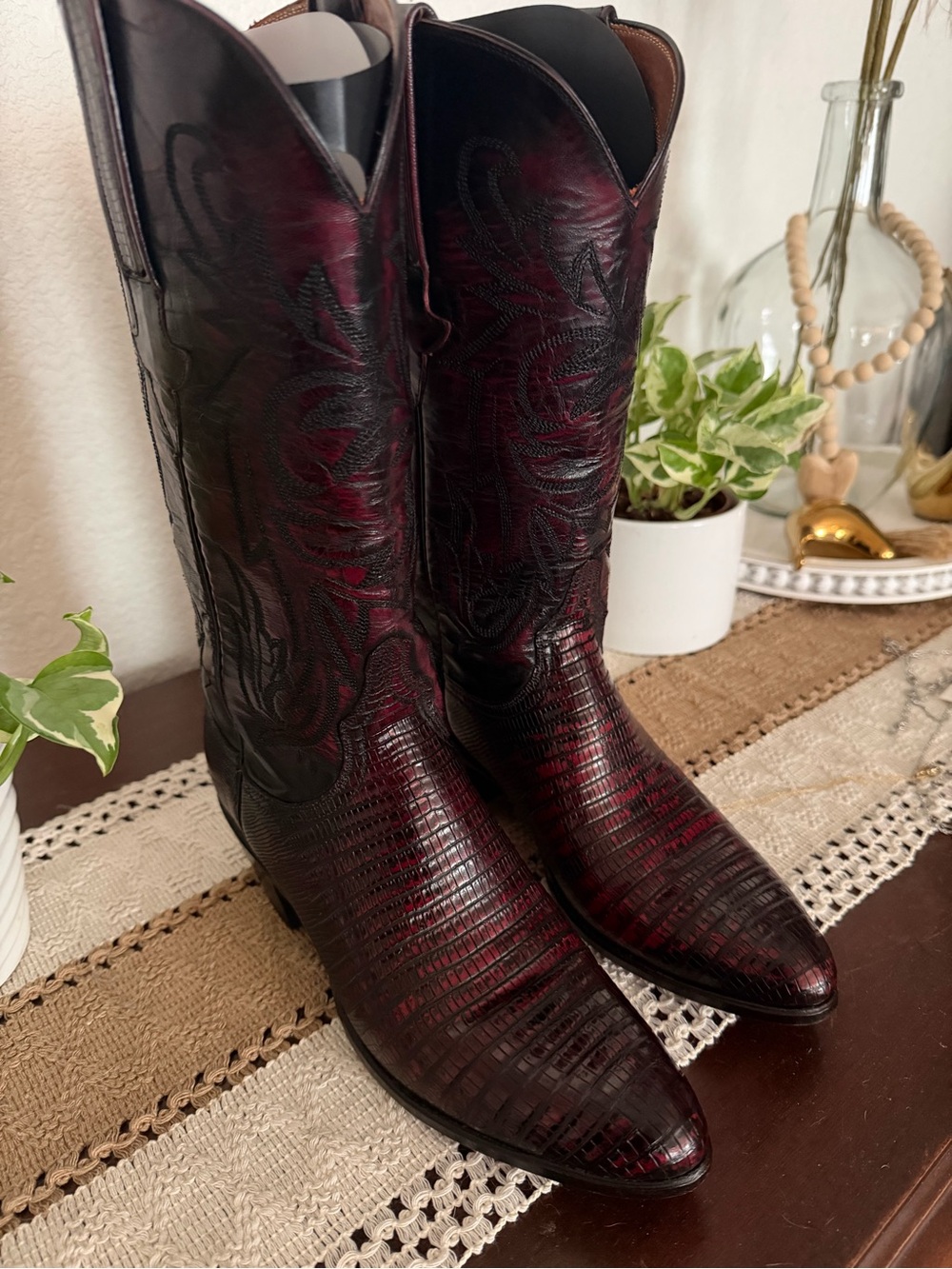 Lucchese Burgundy Embossed Leather Western Heeled Boots